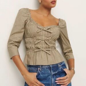 NWT Reformation Lauryn Brown Checkered Gingham Bow Blouse